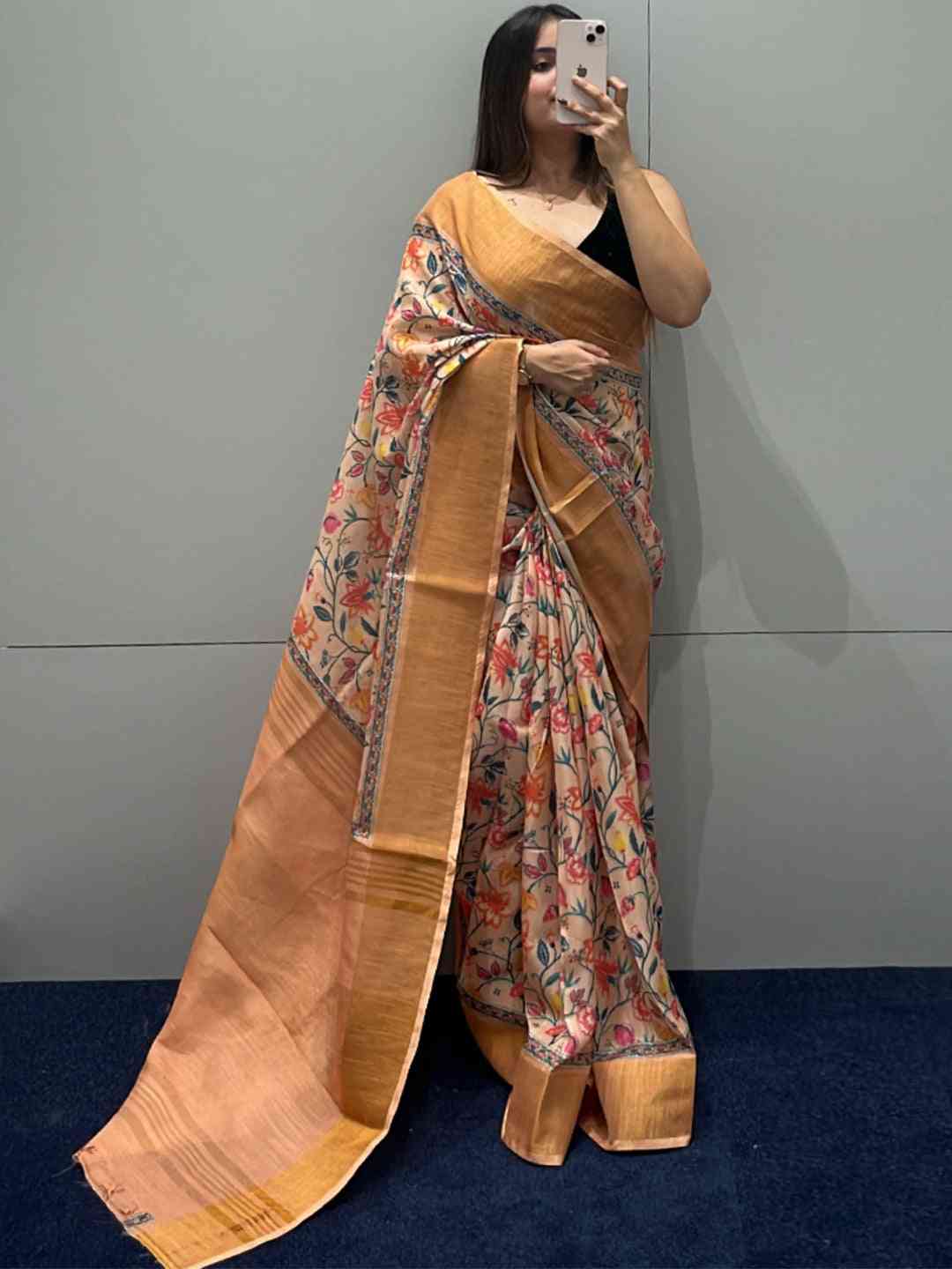Peach Floral Elegance Exclusive Pure Linen Saree by My Store