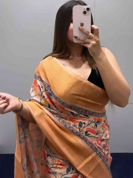 Peach Floral Elegance Exclusive Pure Linen Saree by My Store