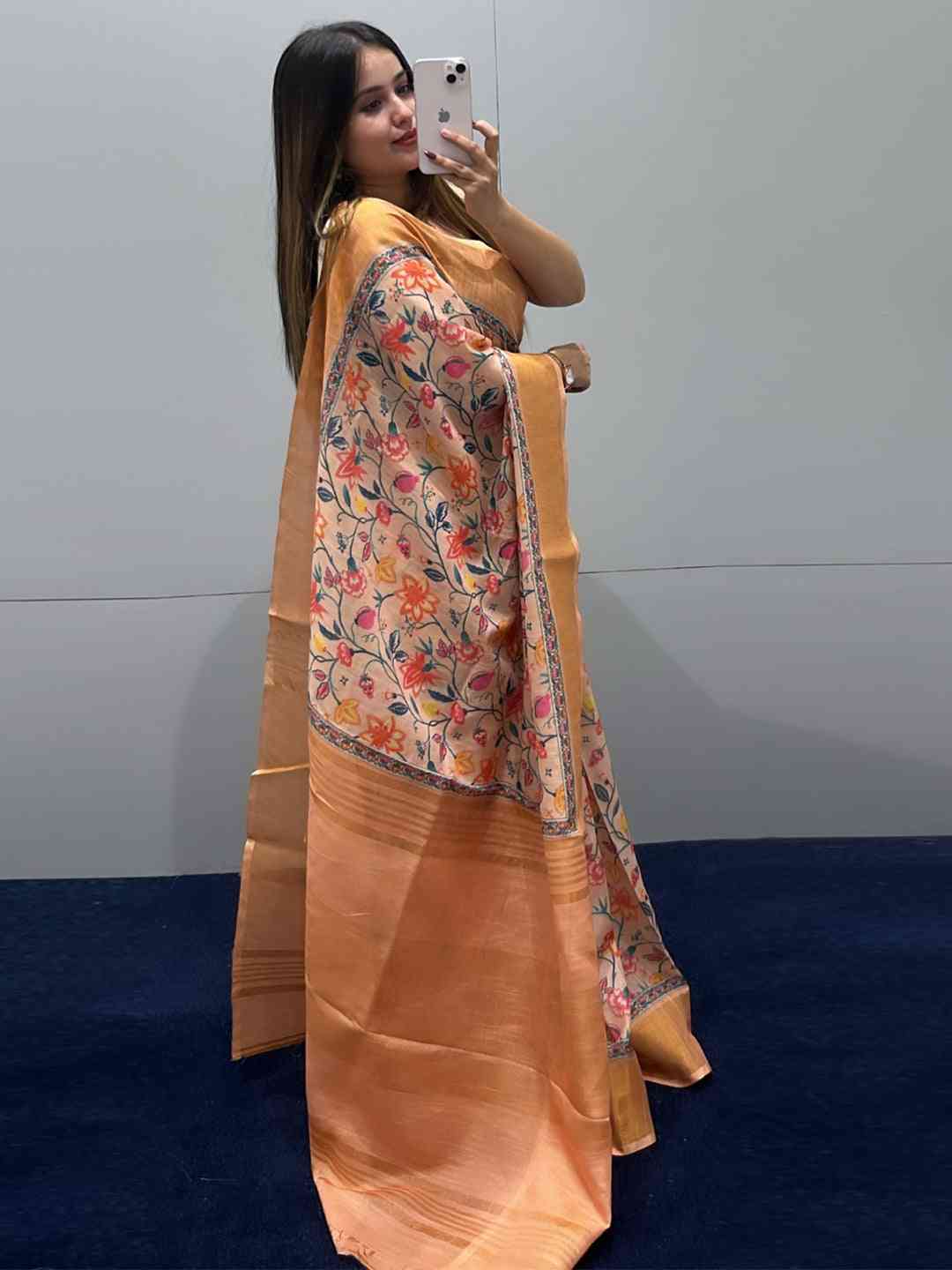 Peach Floral Elegance Exclusive Pure Linen Saree by My Store