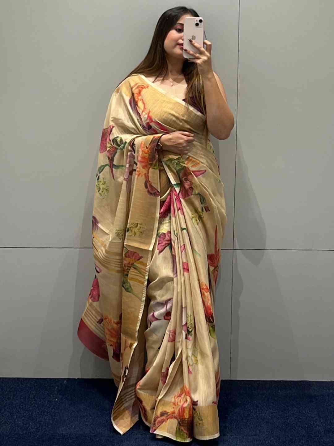 Floral Elegance Exclusive Pure Linen Saree by My Store