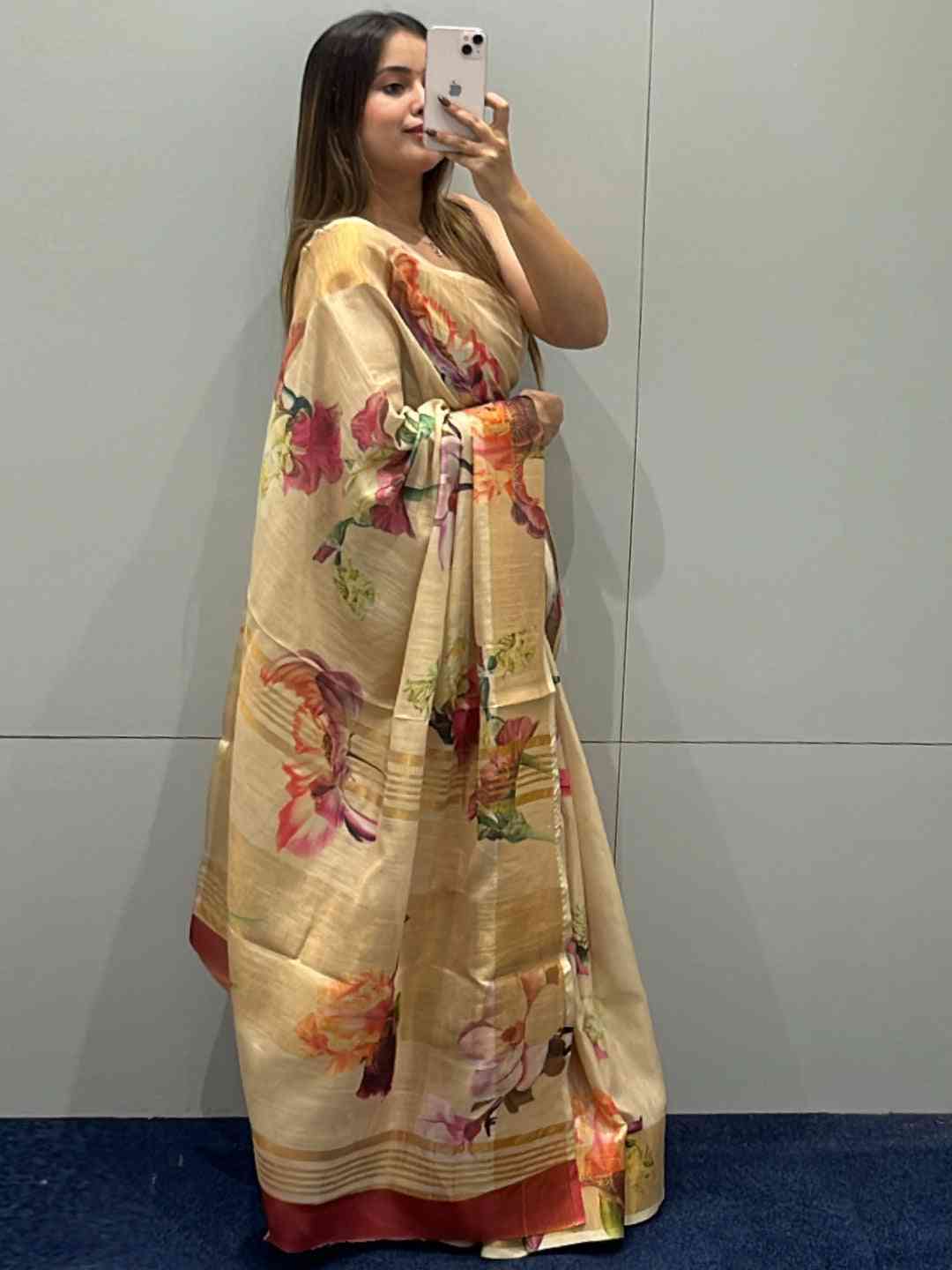 Floral Elegance Exclusive Pure Linen Saree by My Store