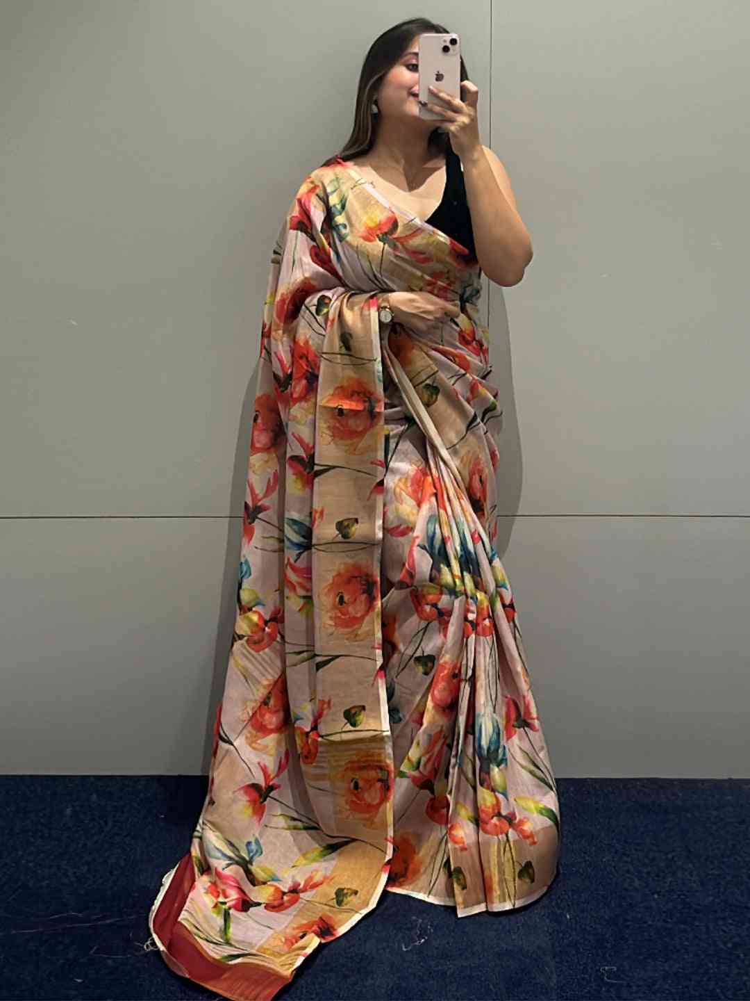 Floral Elegance Exclusive Pure Linen Saree by My Store
