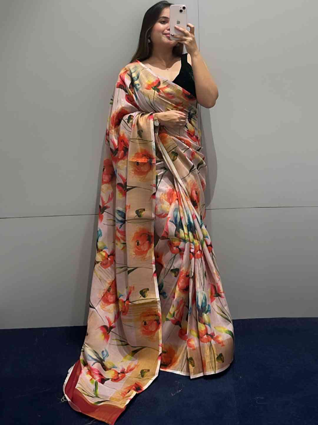 Floral Elegance Exclusive Pure Linen Saree by My Store