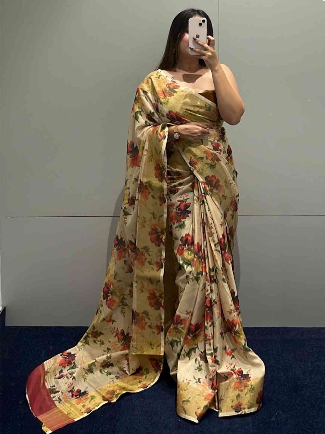 Floral Elegance Exclusive Pure Linen Saree by My Store