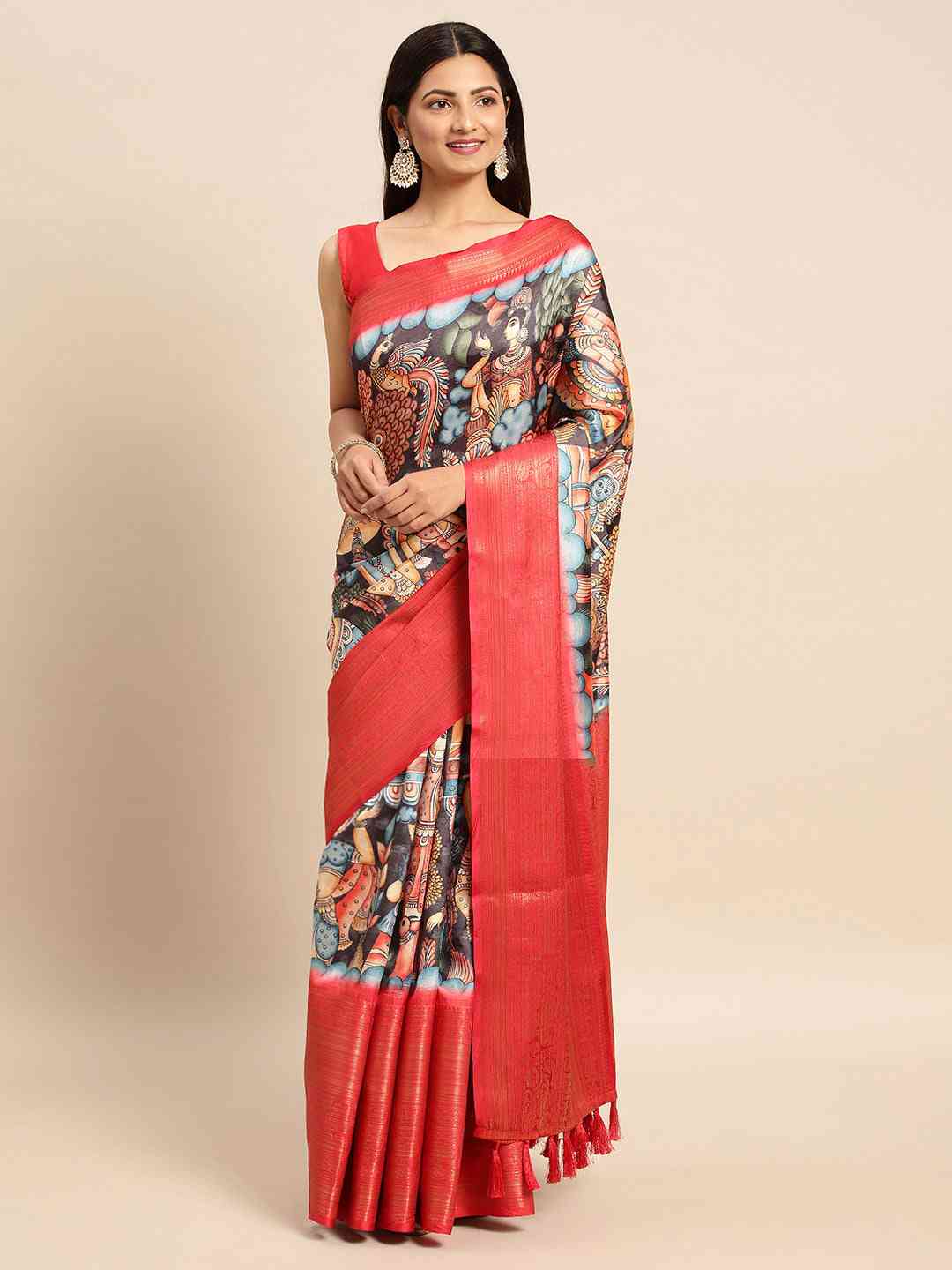 Exquisite Grey Colour Kalamkari Pattu Banarasi Silk Saree by My Store