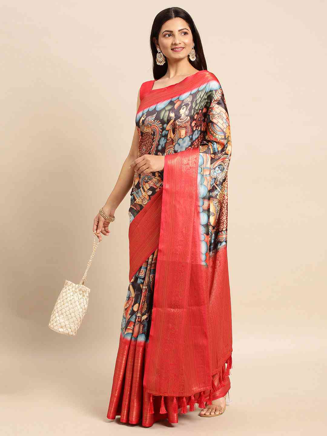 Exquisite Grey Colour Kalamkari Pattu Banarasi Silk Saree by My Store