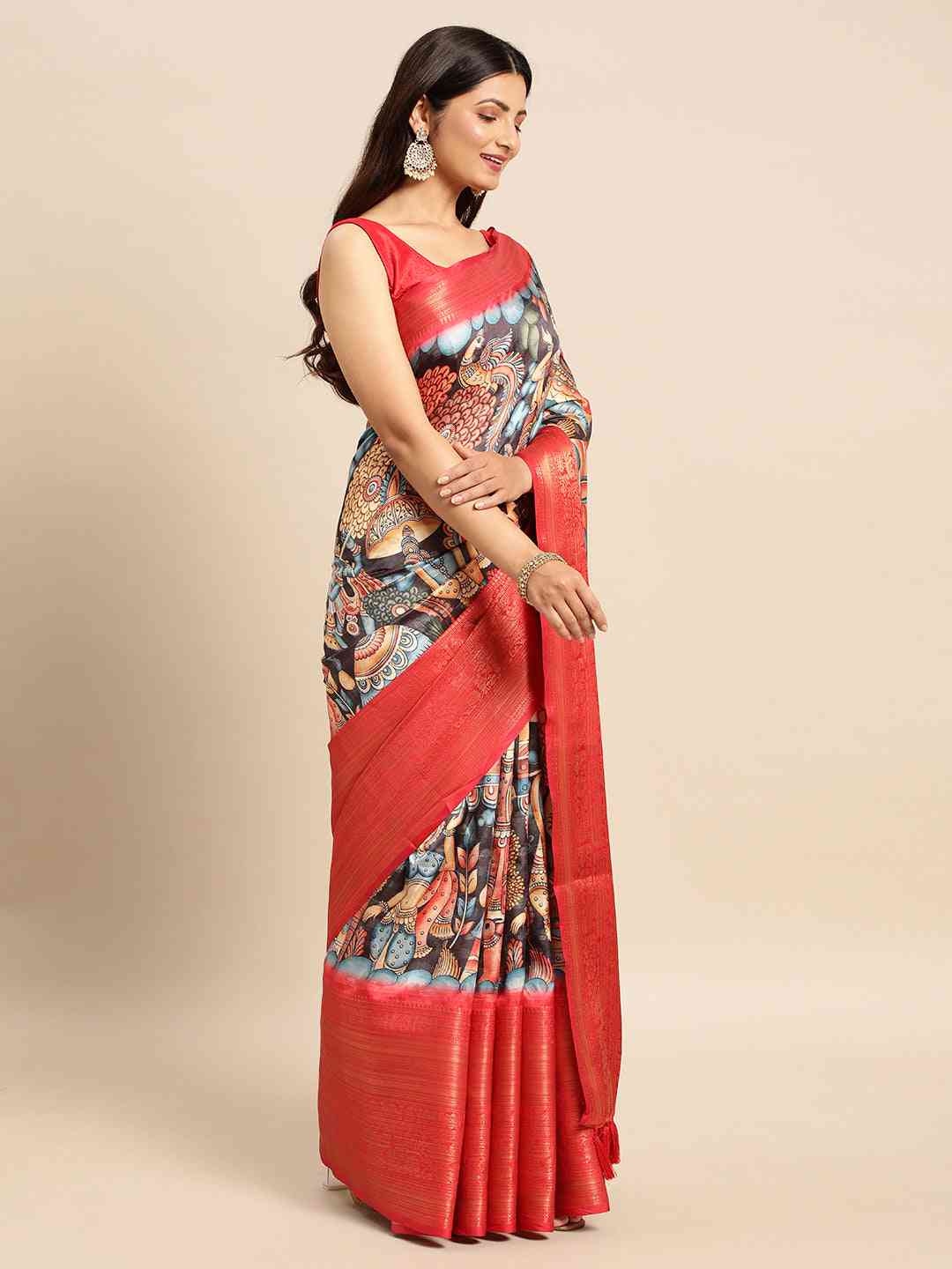 Exquisite Grey Colour Kalamkari Pattu Banarasi Silk Saree by My Store