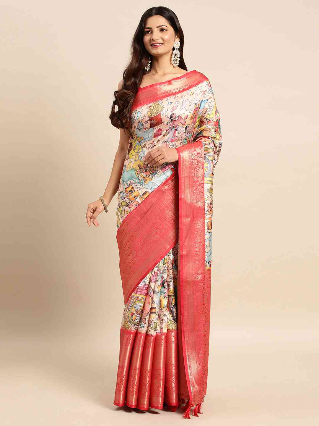 Exquisite Red Colour Kalamkari Pattu Banarasi Silk Saree by My Store