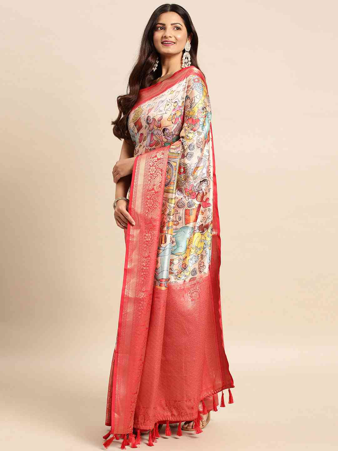 Exquisite Red Colour Kalamkari Pattu Banarasi Silk Saree by My Store