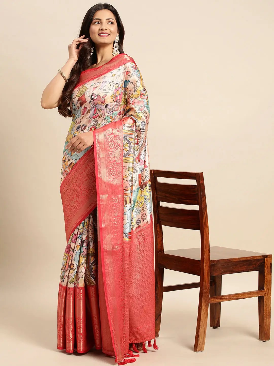 Exquisite Red Colour Kalamkari Pattu Banarasi Silk Saree by My Store