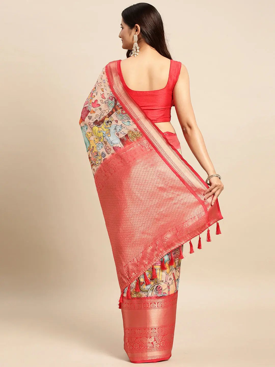 Exquisite Red Colour Kalamkari Pattu Banarasi Silk Saree by My Store