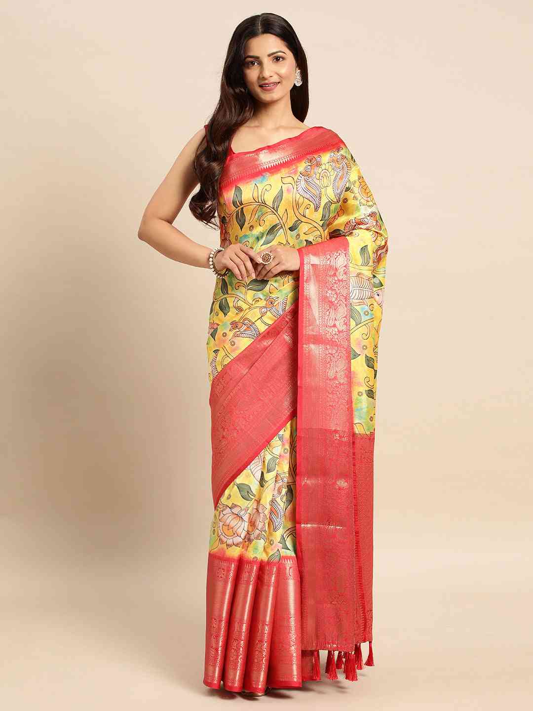 Exquisite Yellow Colour Kalamkari Pattu Banarasi Silk Saree by My Store