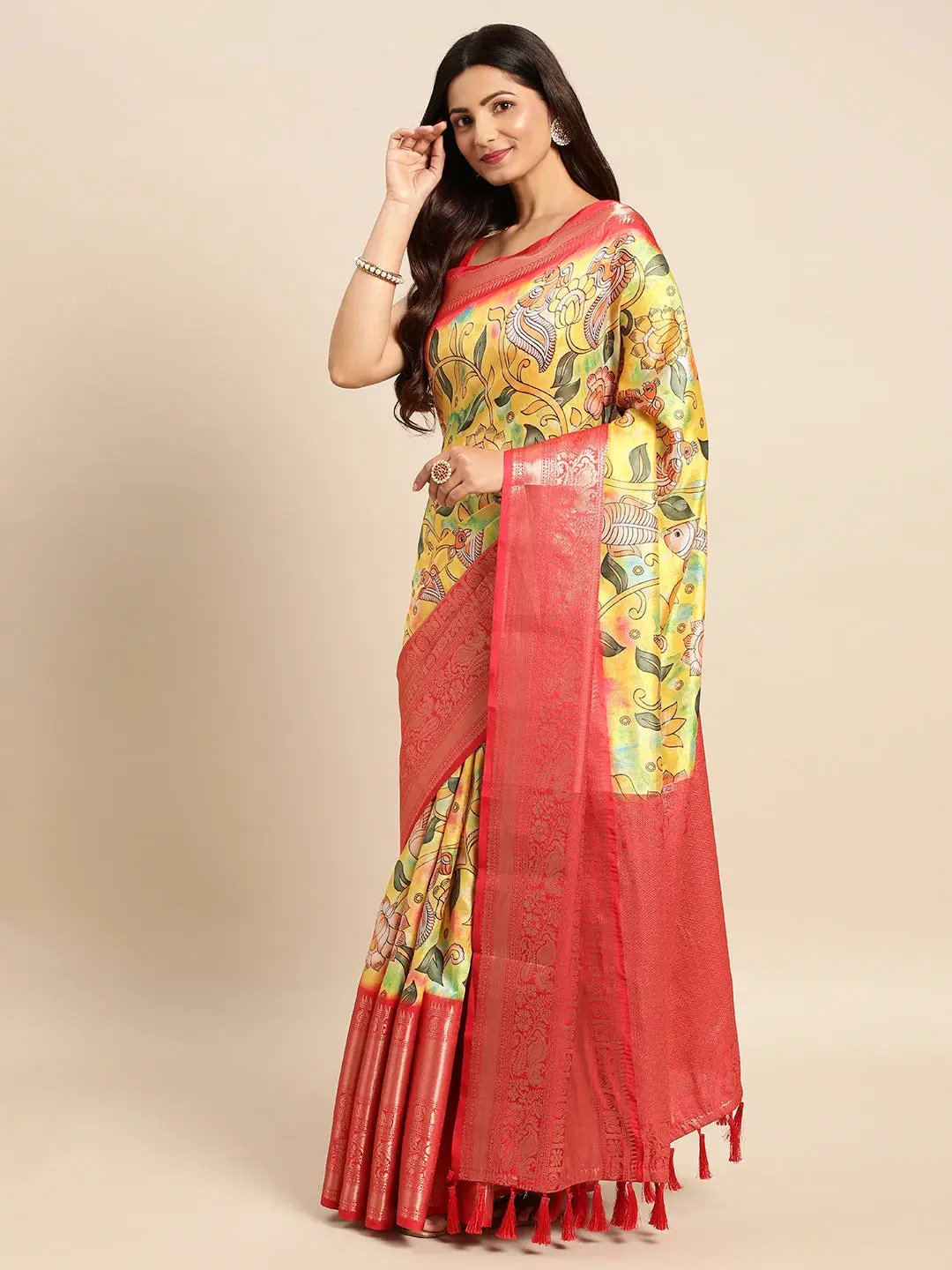 Exquisite Yellow Colour Kalamkari Pattu Banarasi Silk Saree by My Store