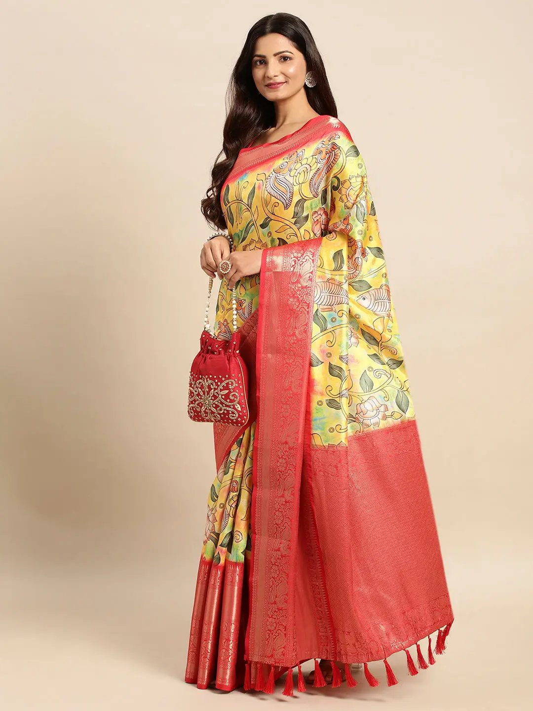 Exquisite Yellow Colour Kalamkari Pattu Banarasi Silk Saree by My Store