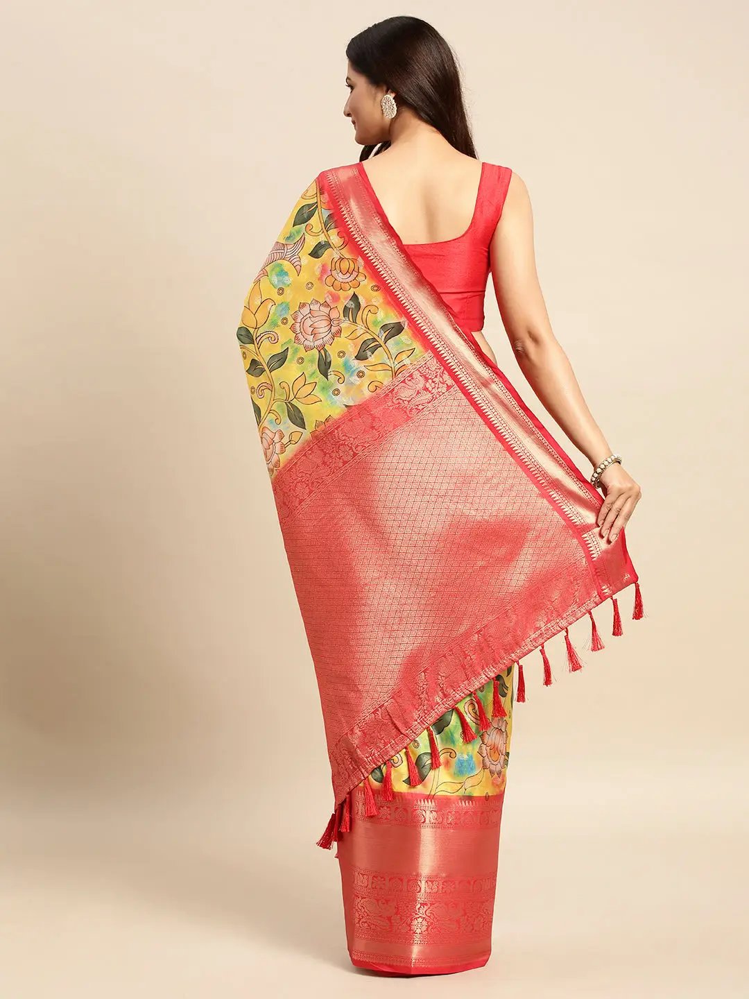 Exquisite Yellow Colour Kalamkari Pattu Banarasi Silk Saree by My Store