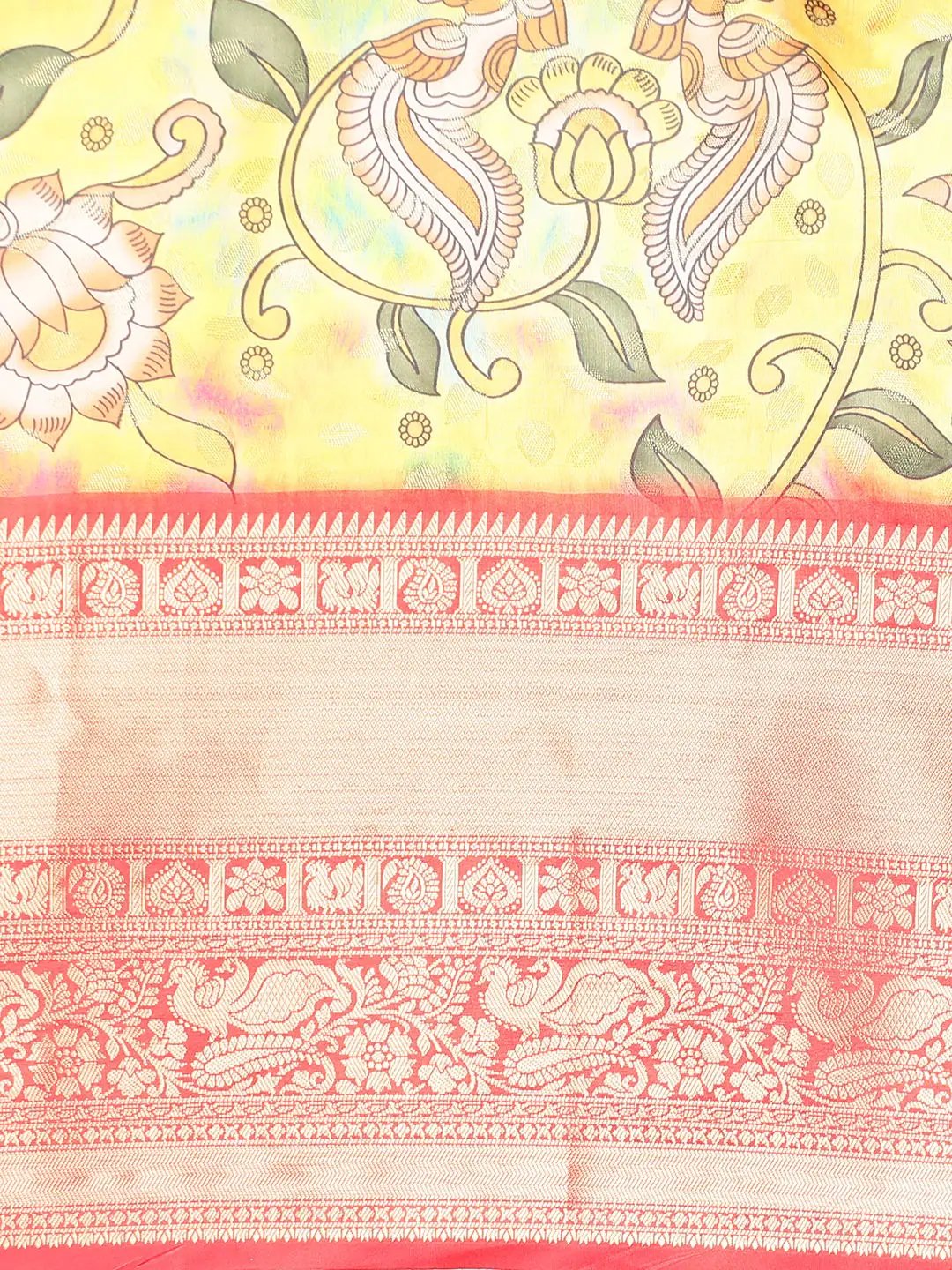 Exquisite Yellow Colour Kalamkari Pattu Banarasi Silk Saree by My Store