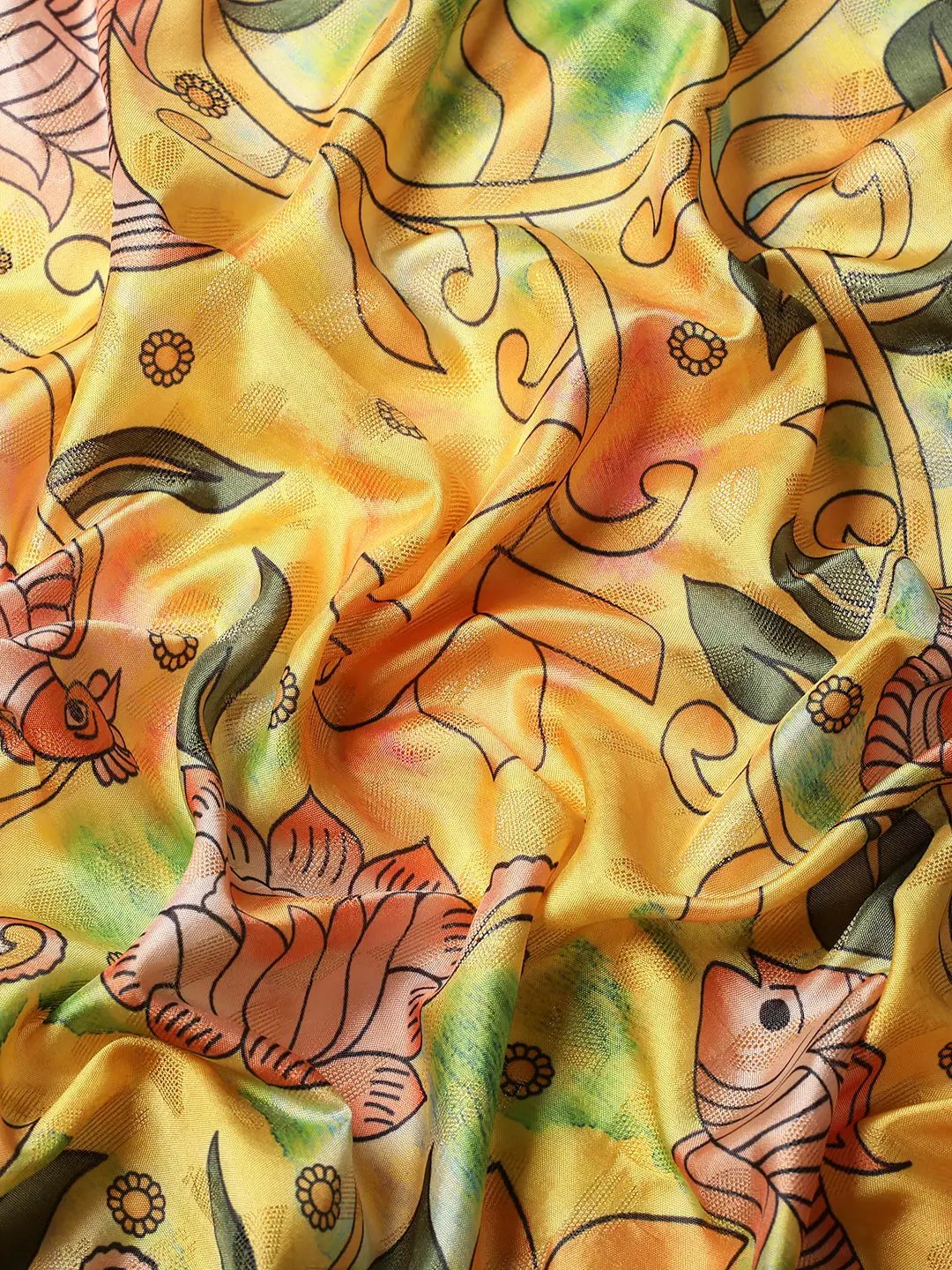 Exquisite Yellow Colour Kalamkari Pattu Banarasi Silk Saree by My Store