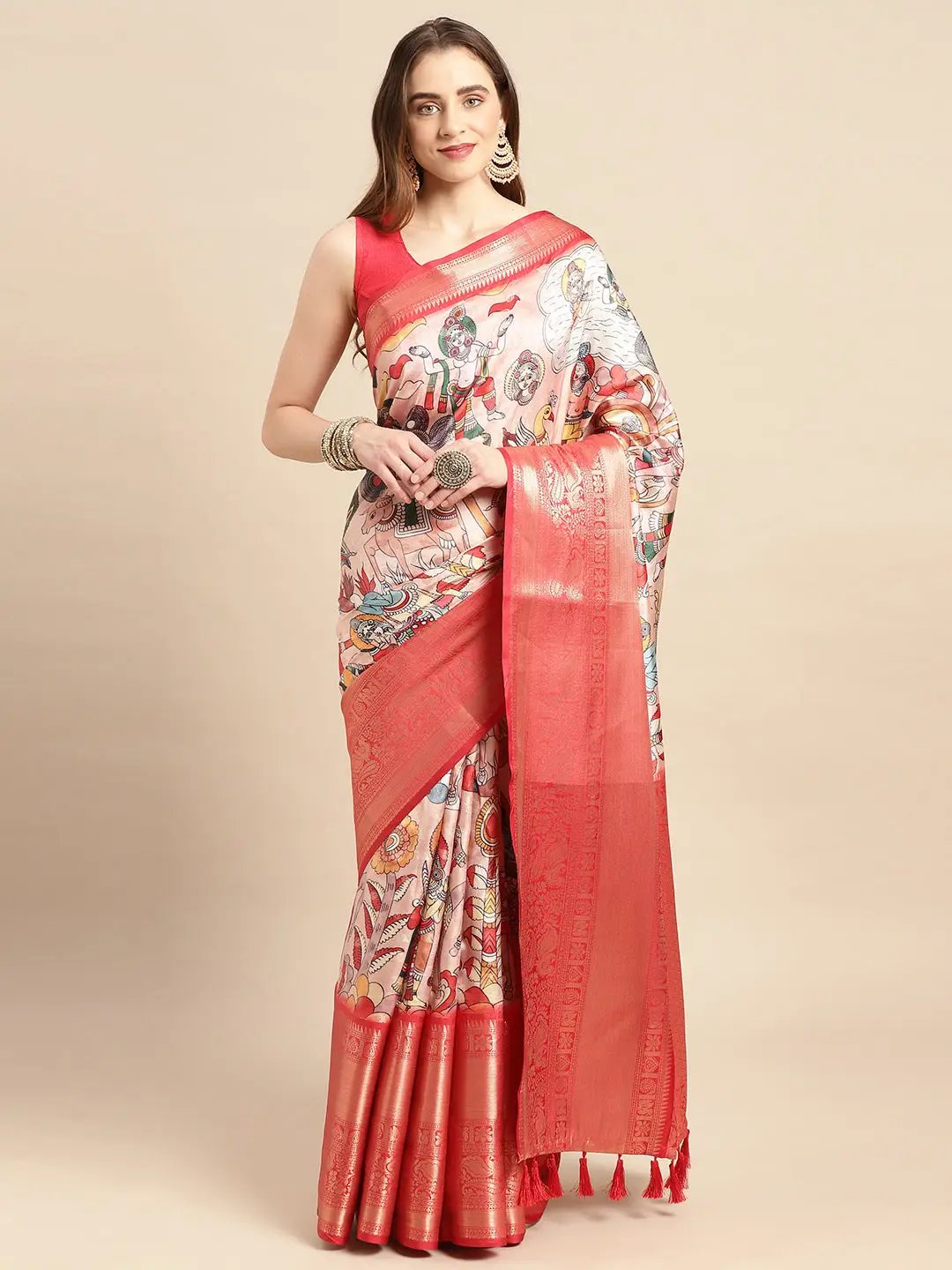 Exquisite Pink Colour Kalamkari Pattu Banarasi Silk Saree by My Store