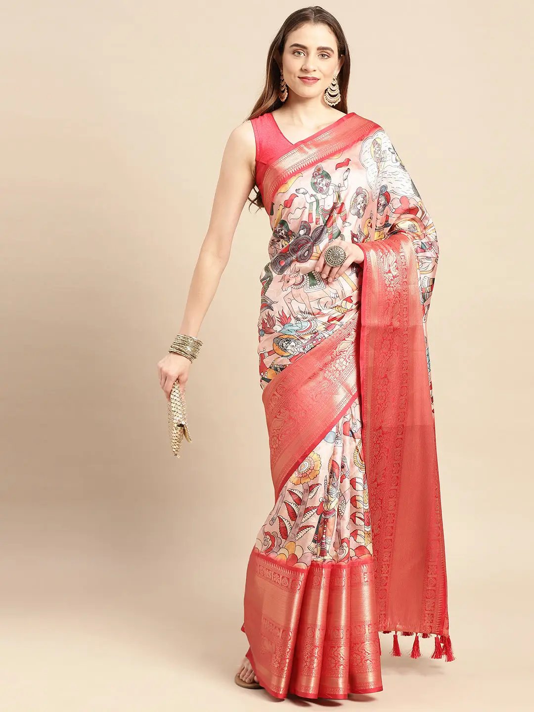 Exquisite Pink Colour Kalamkari Pattu Banarasi Silk Saree by My Store