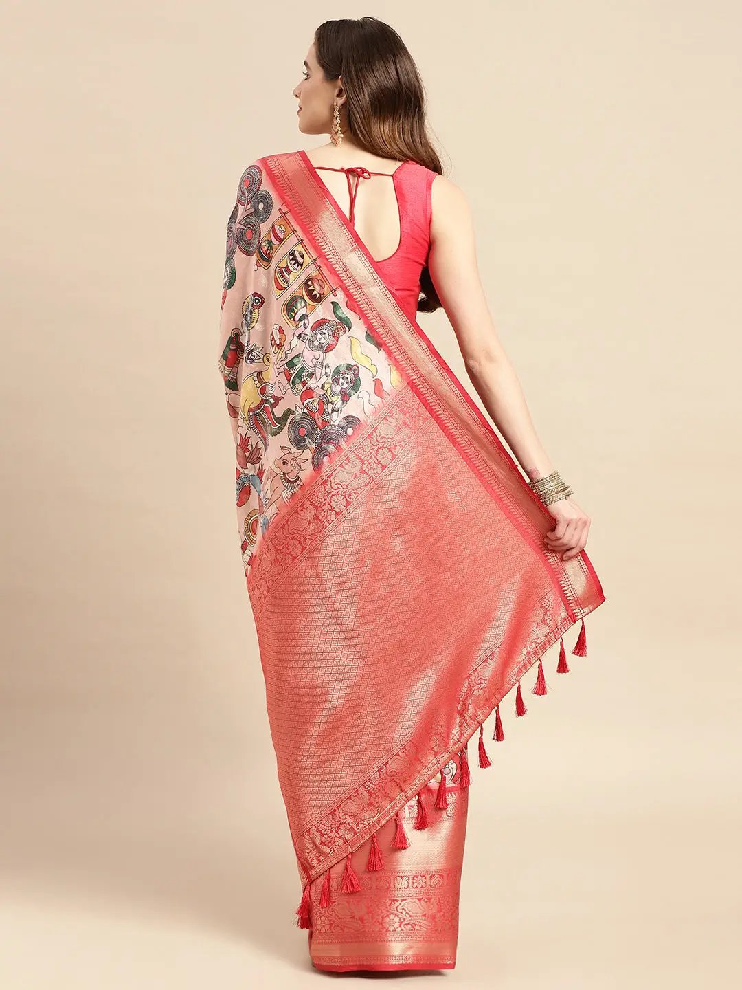 Exquisite Pink Colour Kalamkari Pattu Banarasi Silk Saree by My Store