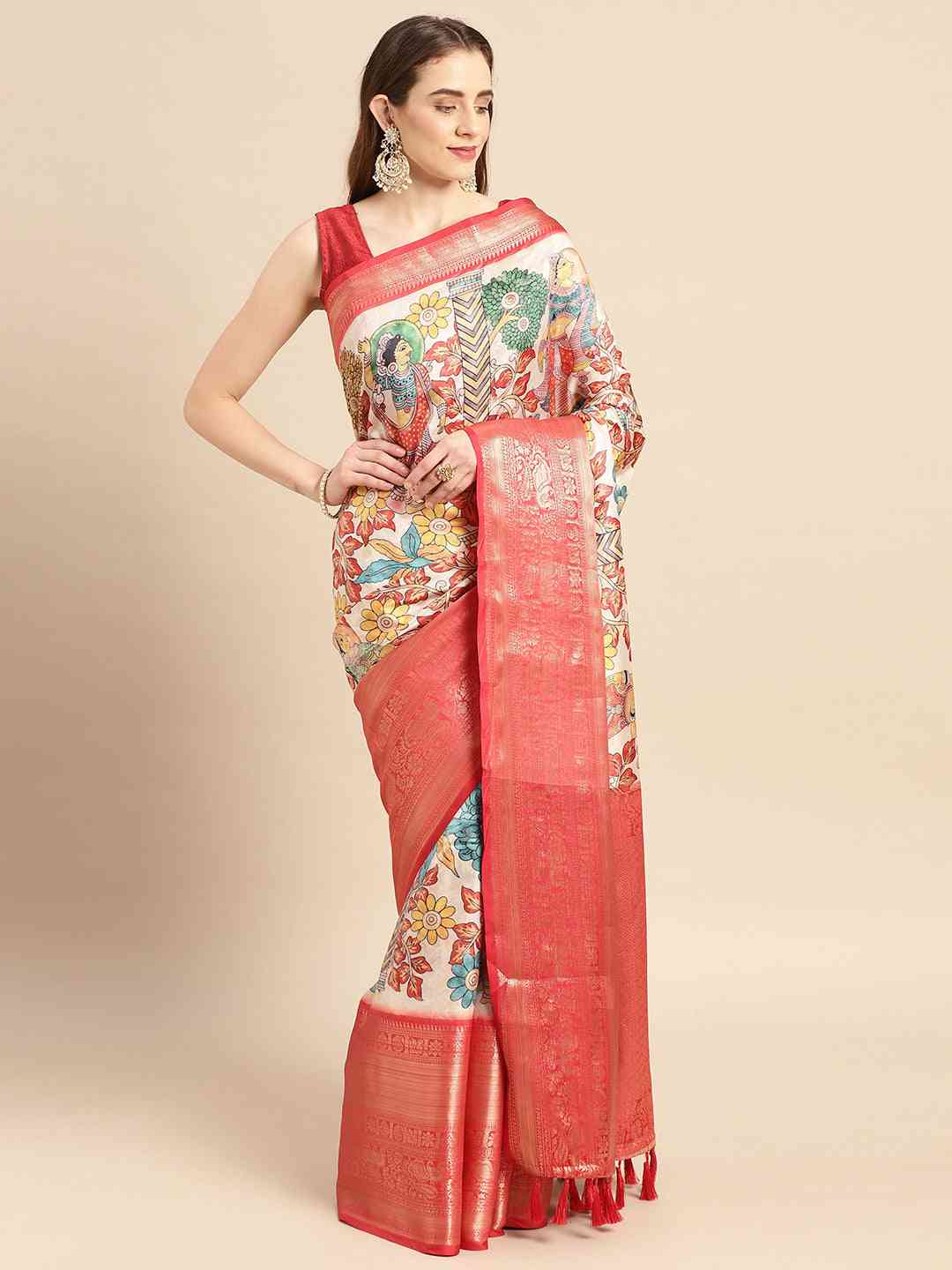 Exquisite Red Colour Kalamkari Pattu Banarasi Silk Saree by My Store