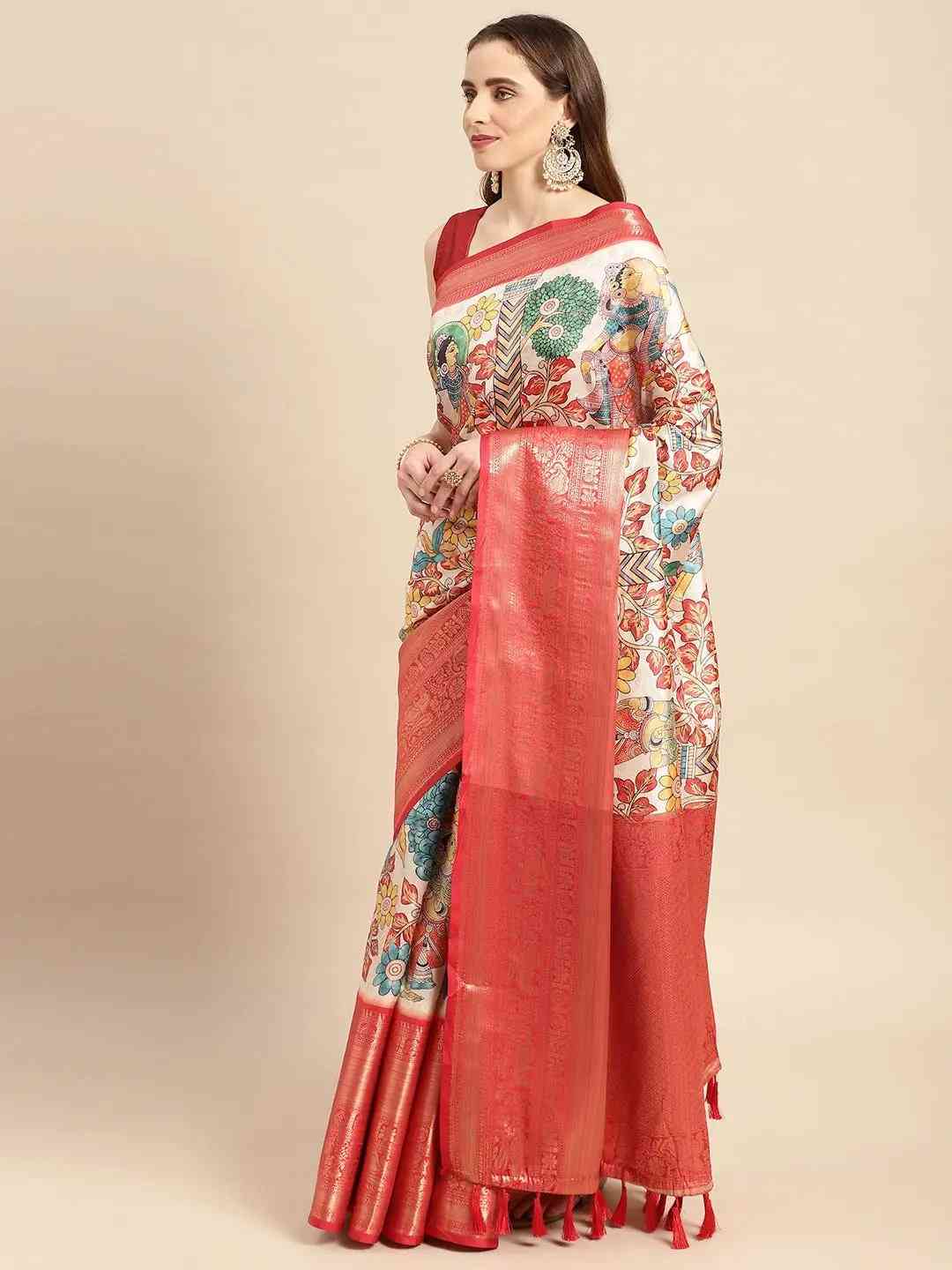 Exquisite Red Colour Kalamkari Pattu Banarasi Silk Saree by My Store