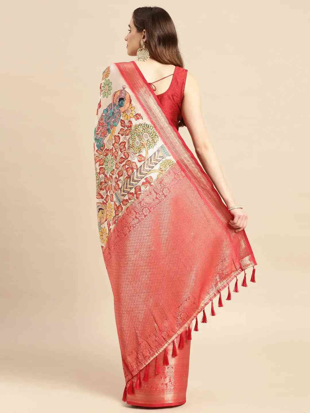 Exquisite Red Colour Kalamkari Pattu Banarasi Silk Saree by My Store
