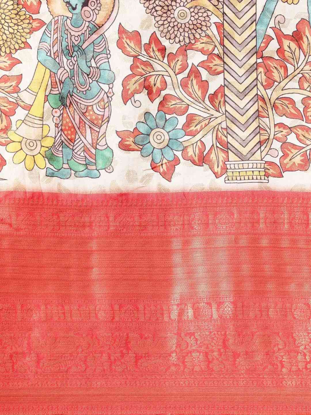 Exquisite Red Colour Kalamkari Pattu Banarasi Silk Saree by My Store