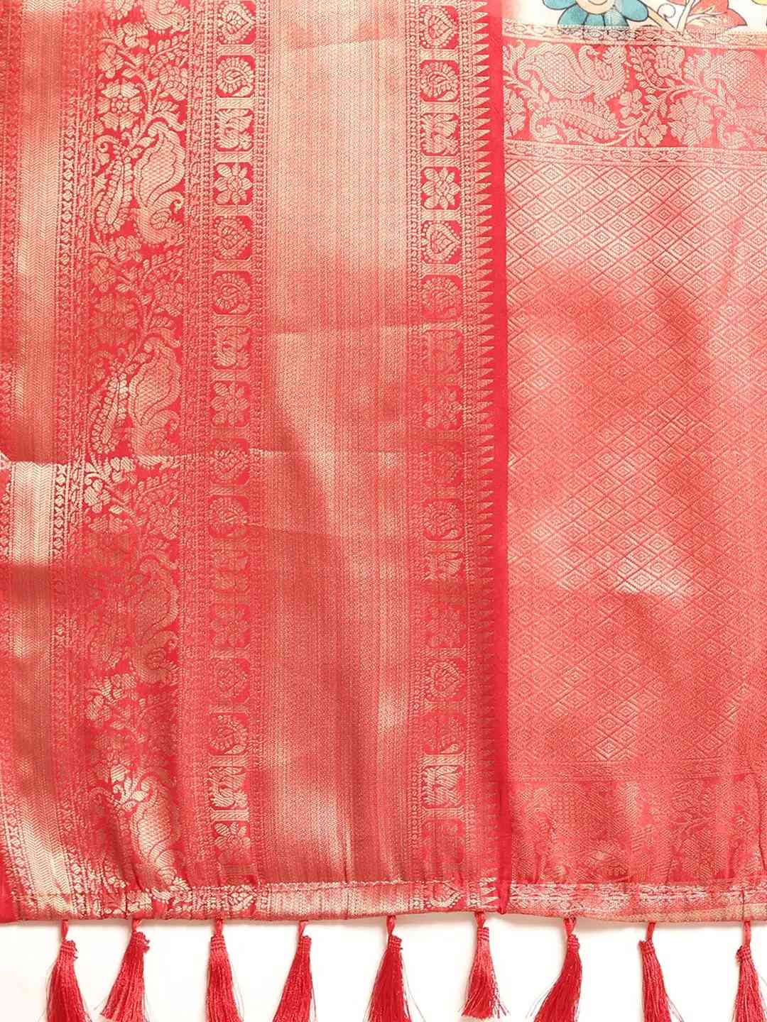 Exquisite Red Colour Kalamkari Pattu Banarasi Silk Saree by My Store