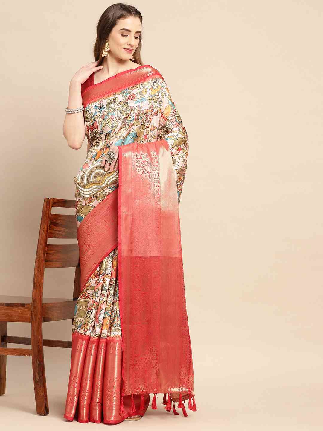 Kalamkari Zari Silk Blend Banarasi Saree in Peach Colour by My Store