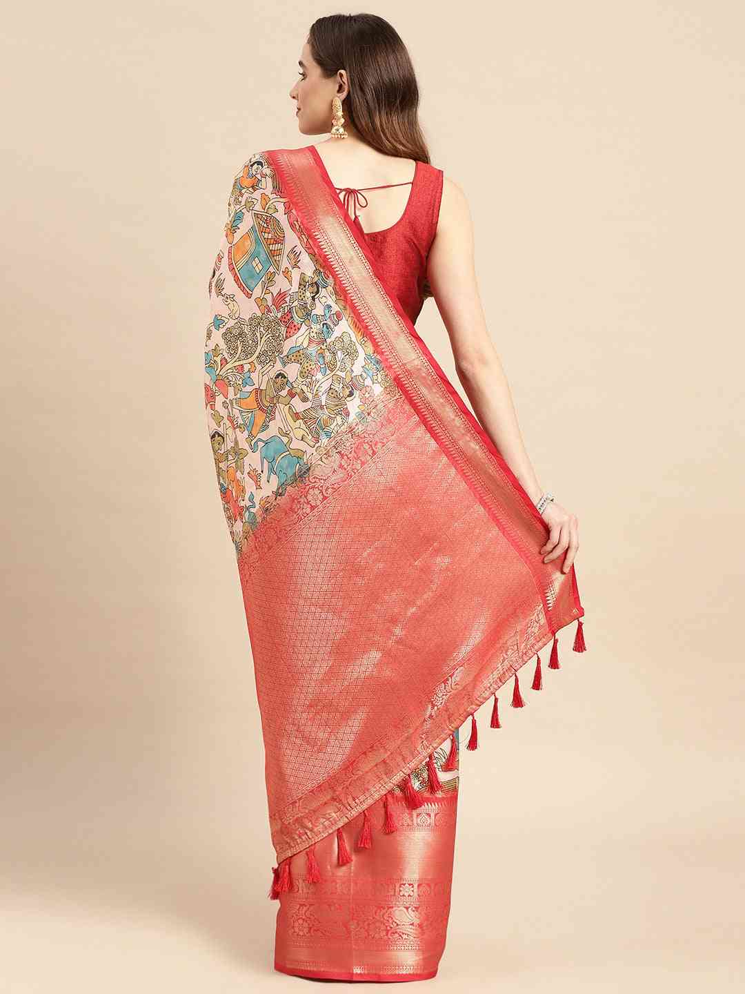 Kalamkari Zari Silk Blend Banarasi Saree in Peach Colour by My Store