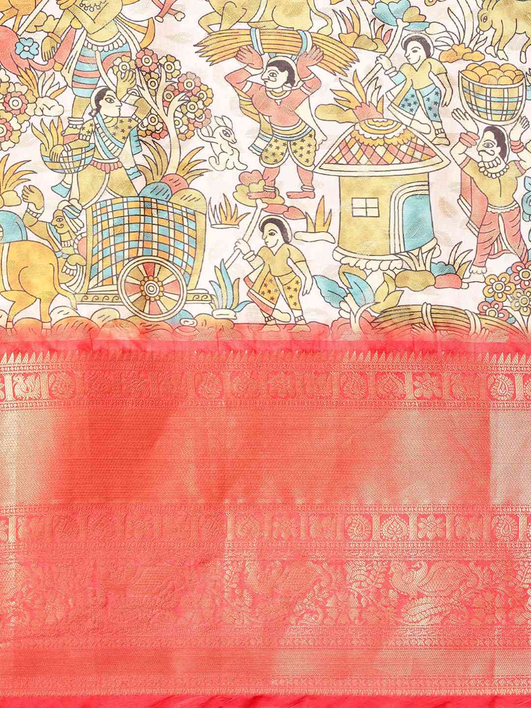 Kalamkari Zari Silk Blend Banarasi Saree in Peach Colour by My Store