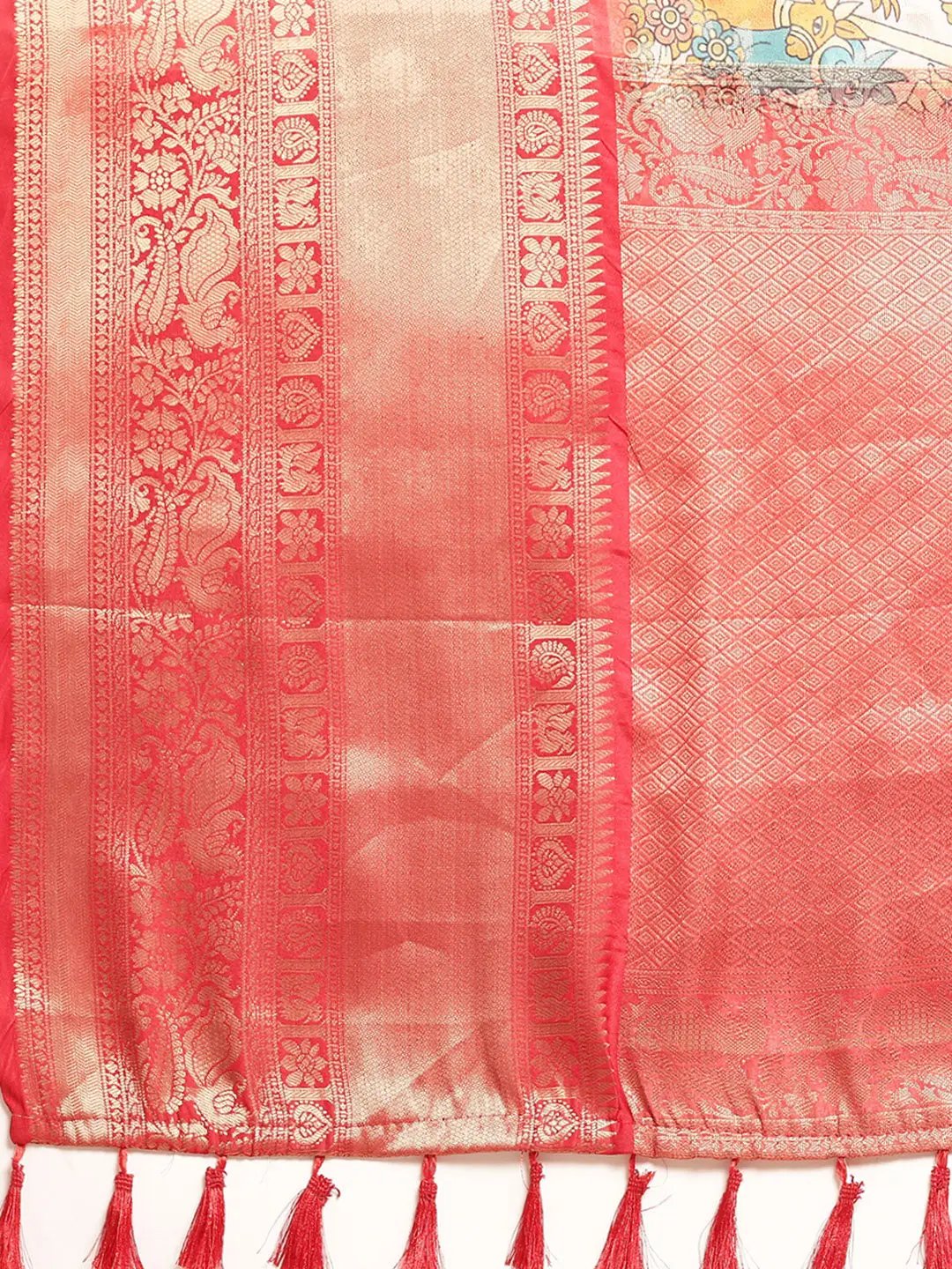 Kalamkari Zari Silk Blend Banarasi Saree in Peach Colour by My Store