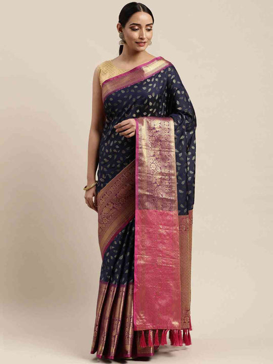 Navy Colour Banarasi Kanchi Zari Weaving Pattu Saree by My Store