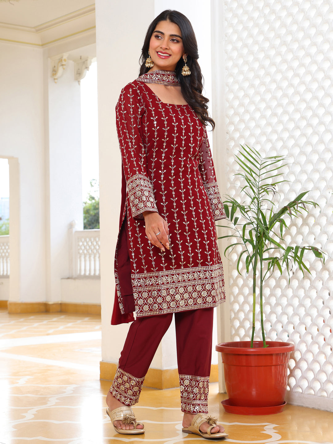 Georgette Party Wear Maroon Kurta Set