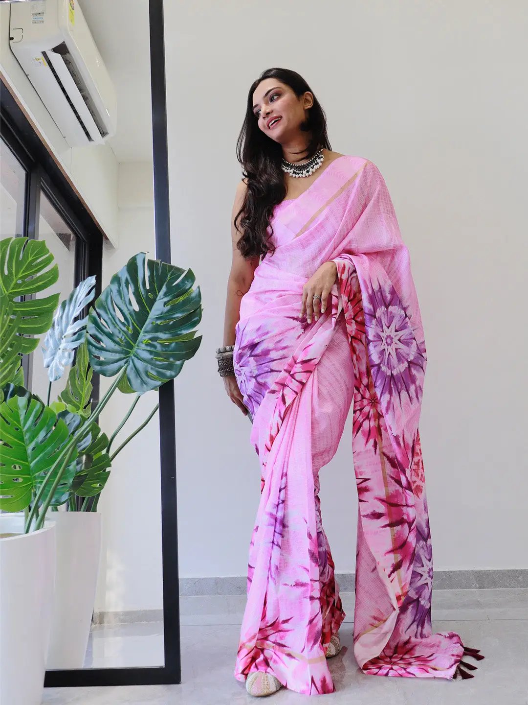 Tie dye Digital printed Satin Kota Doriya Designer Party Wear Saree in Pink Colour