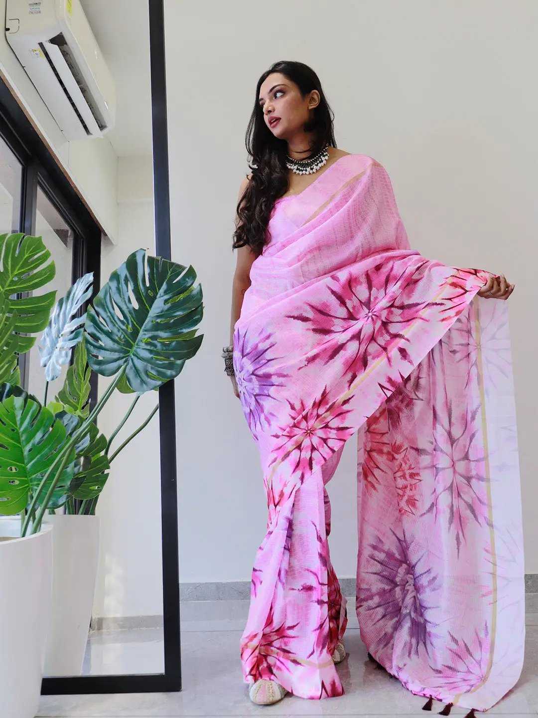 Tie dye Digital printed Satin Kota Doriya Designer Party Wear Saree in Pink Colour