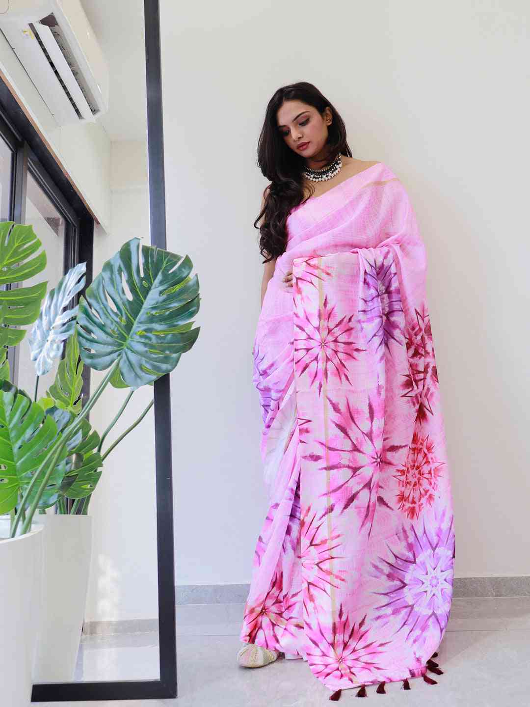 Tie dye Digital printed Satin Kota Doriya Designer Party Wear Saree in Pink Colour
