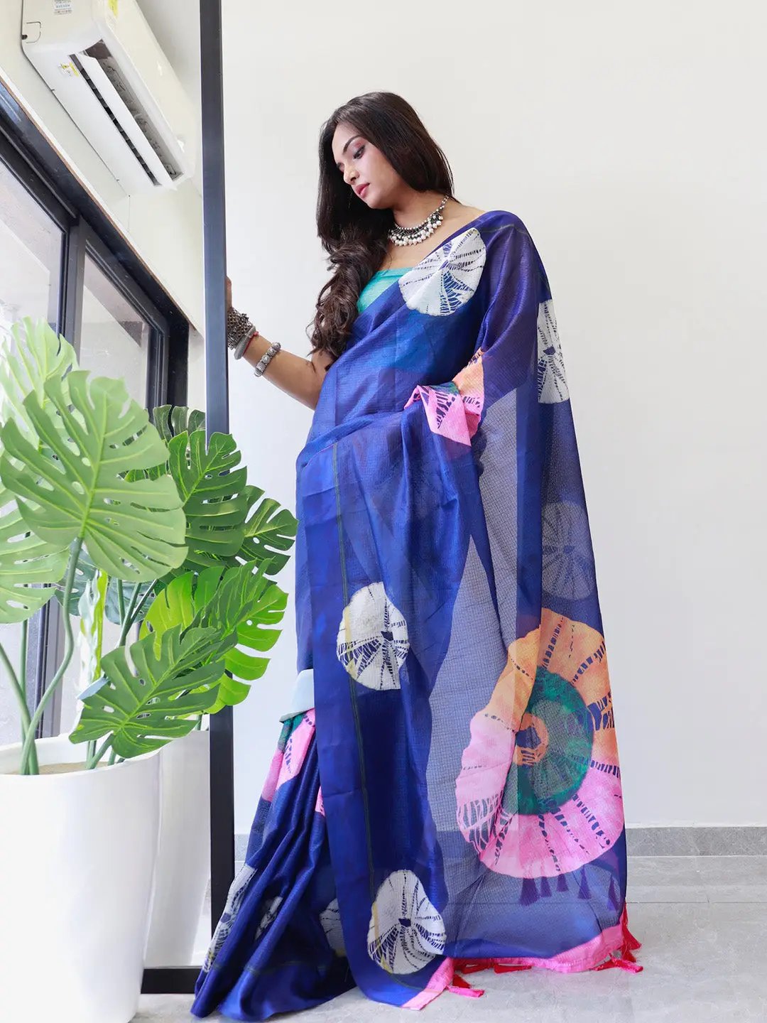 Tie dye Digital printed Satin Kota Doriya Saree in Blue Colour