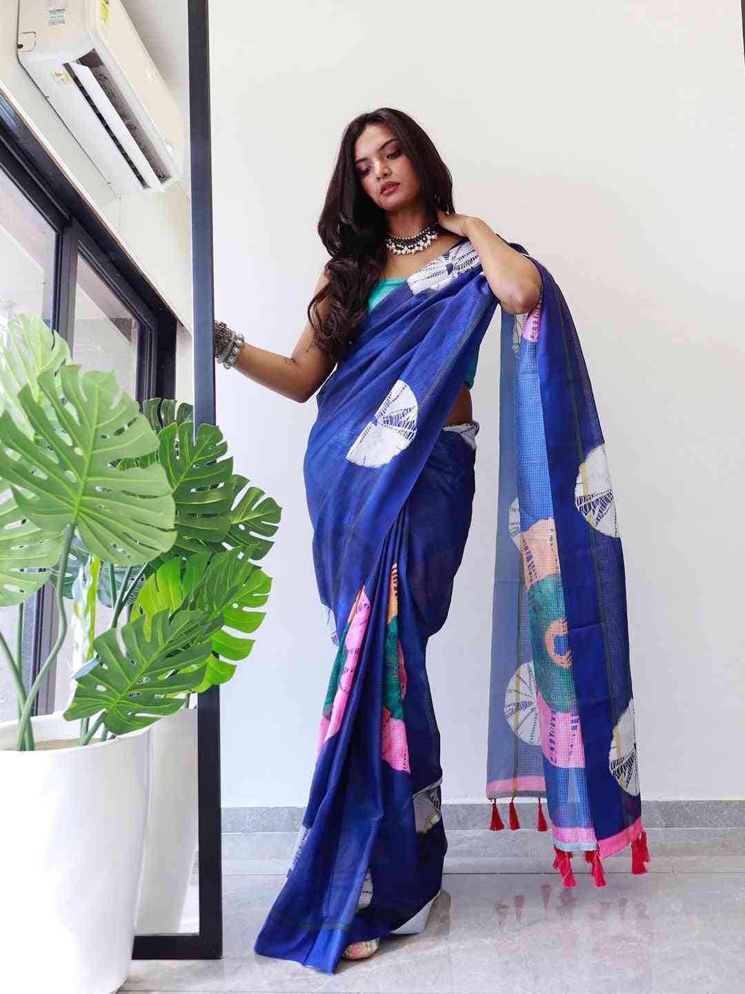 Tie dye Digital printed Satin Kota Doriya Saree in Blue Colour