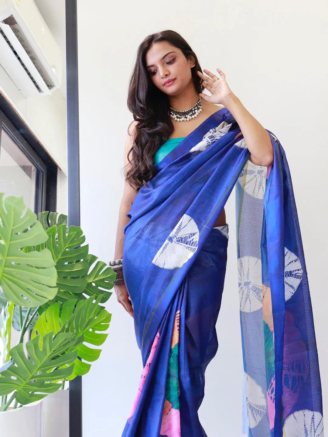 Tie dye Digital printed Satin Kota Doriya Saree in Blue Colour