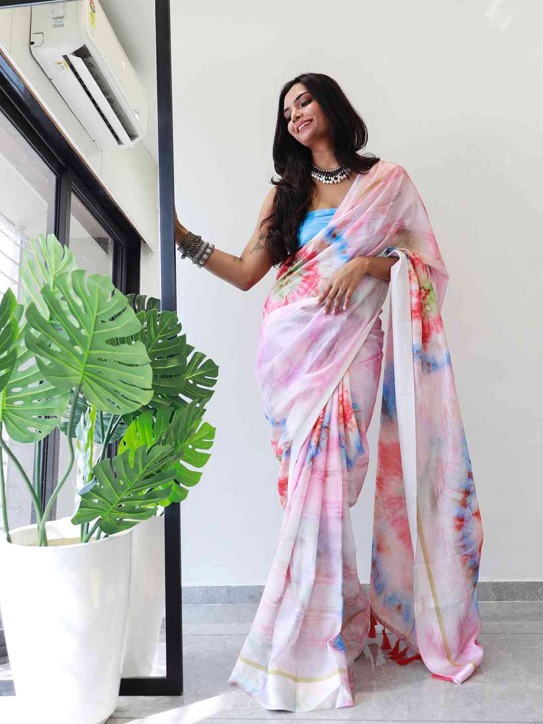 Tie dye Digital printed Satin Kota Doriya Designer Party Wear Saree in Multicolour