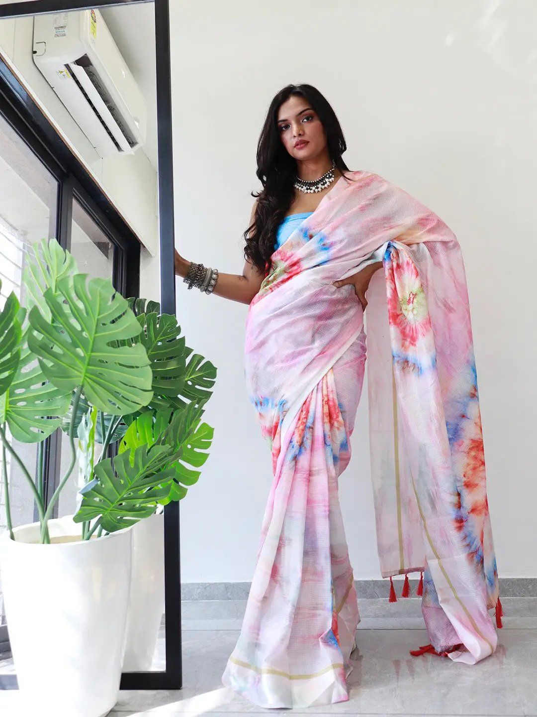 Tie dye Digital printed Satin Kota Doriya Designer Party Wear Saree in Multicolour