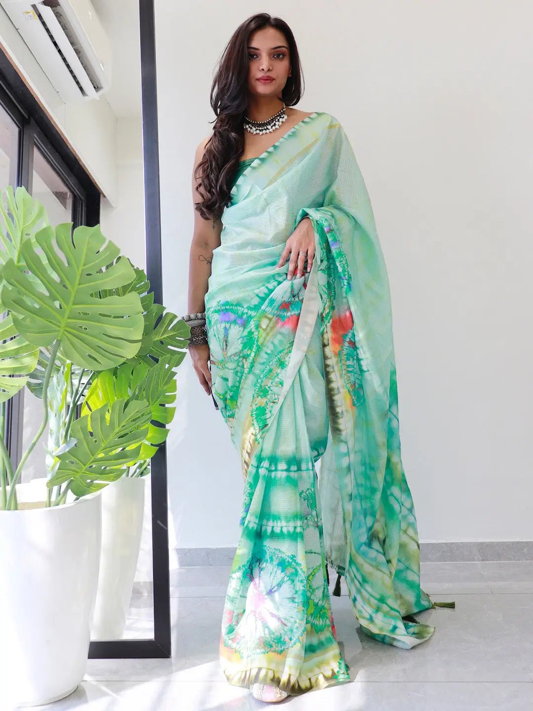Tie dye Digital printed Satin Kota Doriya Designer Saree in Sea Green Colour