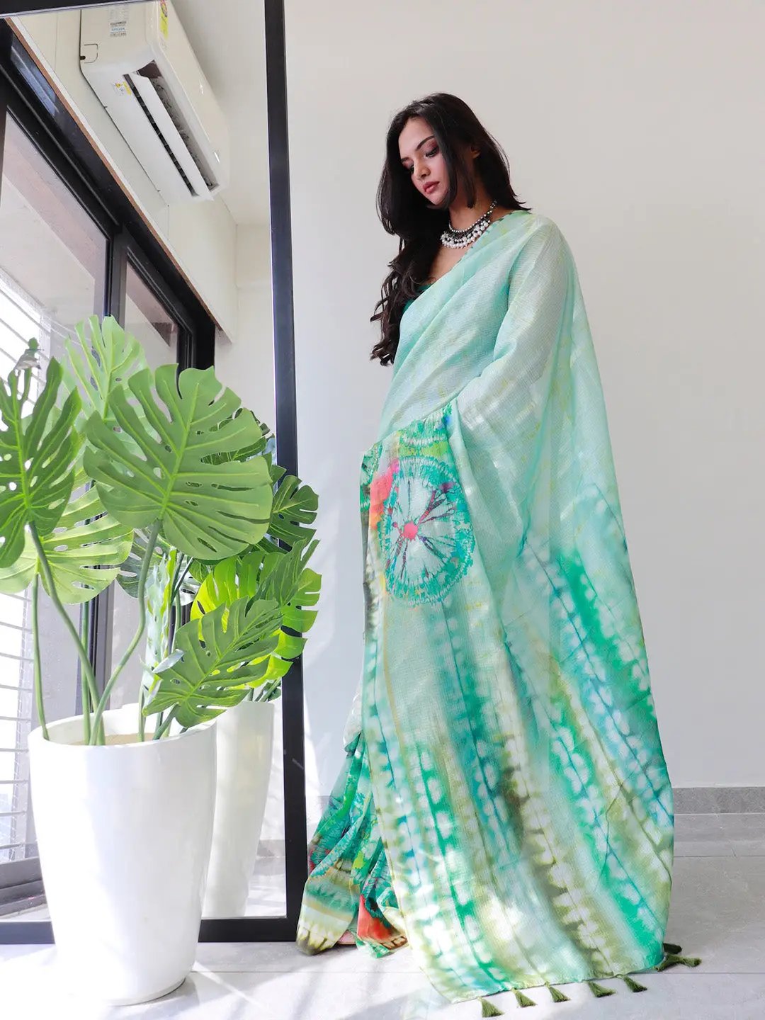 Tie dye Digital printed Satin Kota Doriya Designer Saree in Sea Green Colour