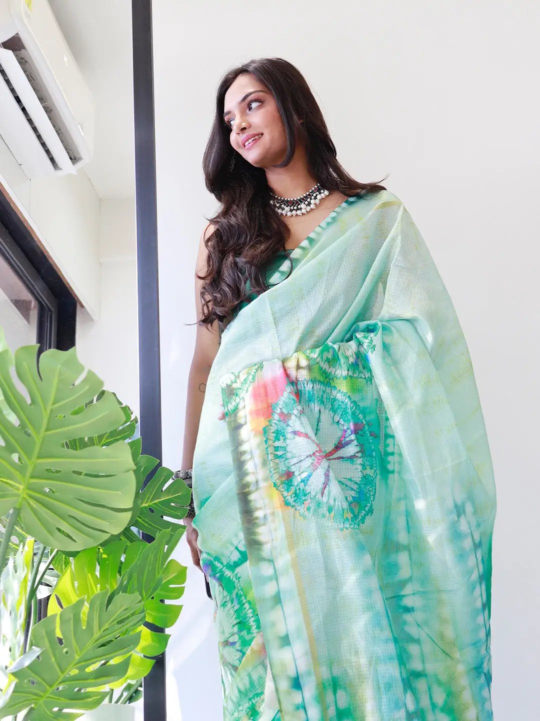 Tie dye Digital printed Satin Kota Doriya Designer Saree in Sea Green Colour