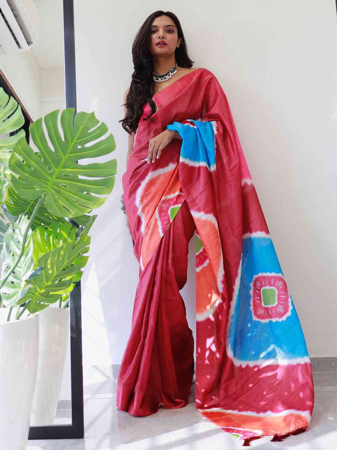 Tie dye Digital printed Satin Kota Doriya Designer Party Wear Saree in Red Colour