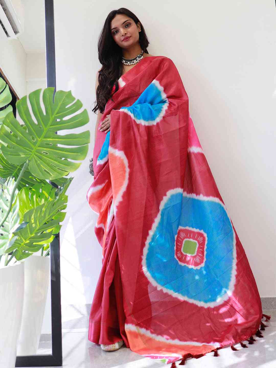 Tie dye Digital printed Satin Kota Doriya Designer Party Wear Saree in Red Colour