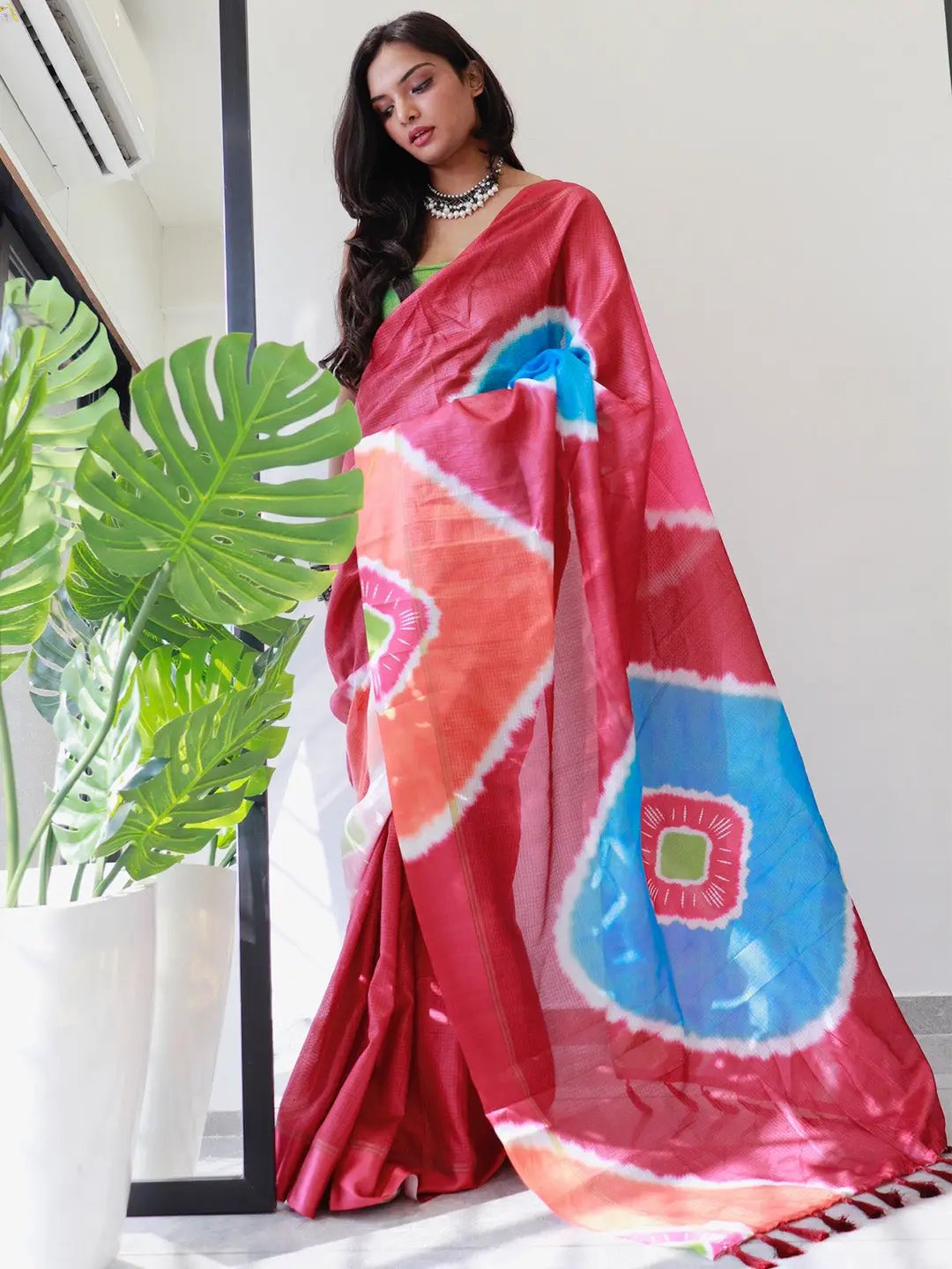 Tie dye Digital printed Satin Kota Doriya Designer Party Wear Saree in Red Colour