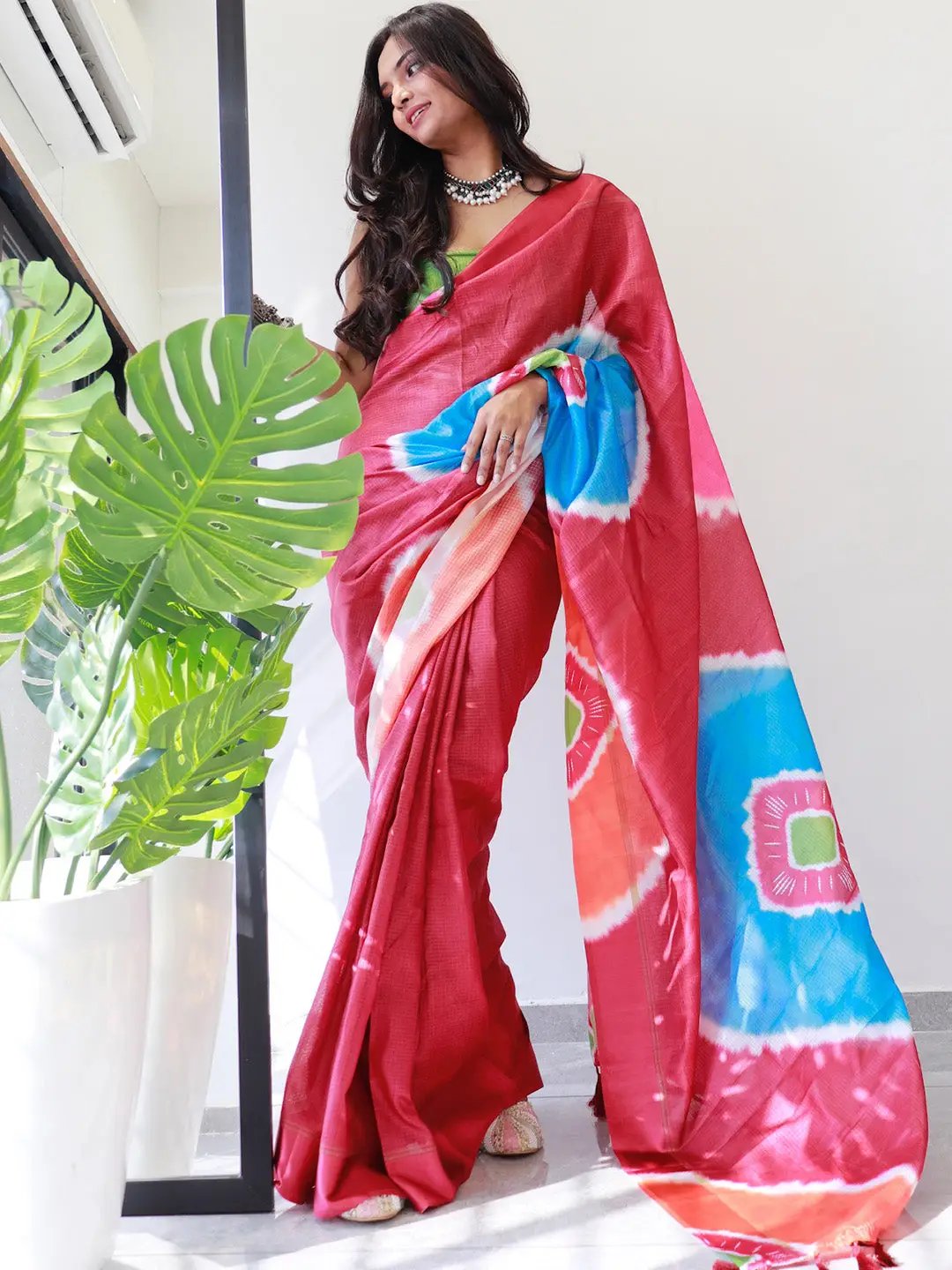 Tie dye Digital printed Satin Kota Doriya Designer Party Wear Saree in Red Colour